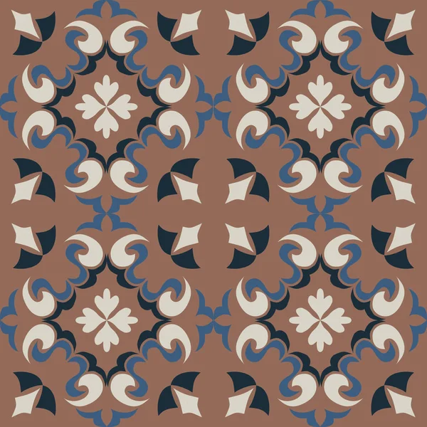 Klasik seramik ve Akdeniz dekoratif tasarımından esinlenilmiş çiçek ve geometrik motiflerle süslenmiş dünyevi, pürüzsüz bir fayans deseni. Duvar kağıdı, tekstil, kumaş, dekor, ambalaj kağıdı ve arka plan için uygundur.