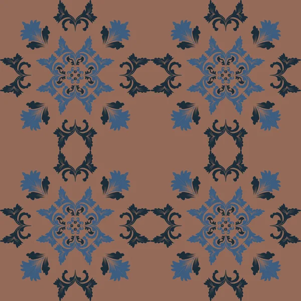 Klasik seramik ve Akdeniz dekoratif tasarımından esinlenilmiş çiçek ve geometrik motiflerle süslenmiş dünyevi, pürüzsüz bir fayans deseni. Duvar kağıdı, tekstil, kumaş, dekor, ambalaj kağıdı ve arka plan için uygundur.