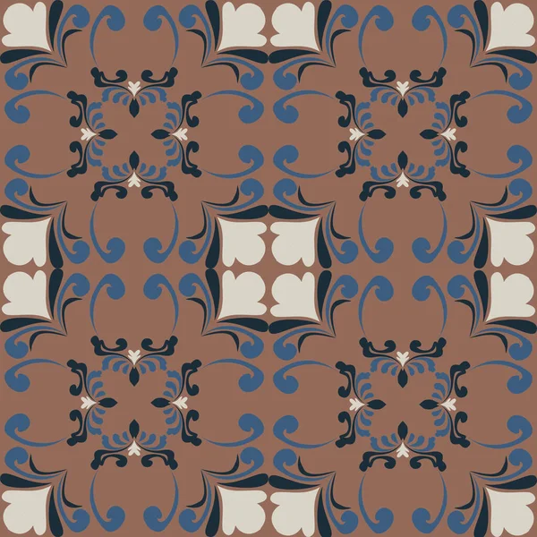 Klasik seramik ve Akdeniz dekoratif tasarımından esinlenilmiş çiçek ve geometrik motiflerle süslenmiş dünyevi, pürüzsüz bir fayans deseni. Duvar kağıdı, tekstil, kumaş, dekor, ambalaj kağıdı ve arka plan için uygundur.