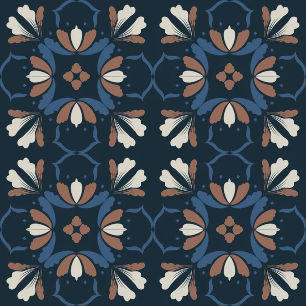 Klasik seramik ve Akdeniz dekoratif tasarımından esinlenilmiş çiçek ve geometrik motiflerle süslenmiş dünyevi, pürüzsüz bir fayans deseni. Duvar kağıdı, tekstil, kumaş, ev dekorasyonu, ambalaj kağıdı, arkaplan, yüzey deseni tasarımı için uygun