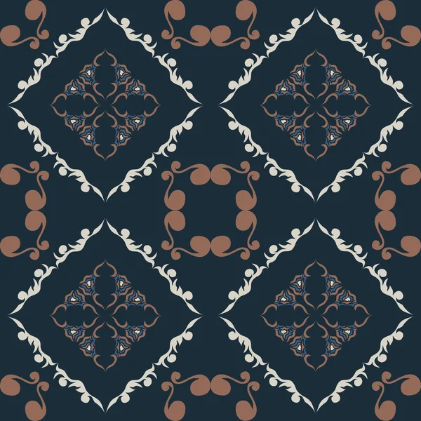 Klasik seramik ve Akdeniz dekoratif tasarımından esinlenilmiş çiçek ve geometrik motiflerle süslenmiş dünyevi, pürüzsüz bir fayans deseni. Duvar kağıdı, tekstil, kumaş, ev dekorasyonu, ambalaj kağıdı, arkaplan, yüzey deseni tasarımı için uygun