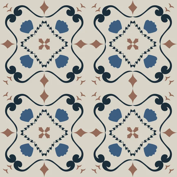 Klasik seramik ve Akdeniz dekoratif tasarımından esinlenilmiş çiçek ve geometrik motiflerle süslenmiş dünyevi, pürüzsüz bir fayans deseni. Duvar kağıdı, tekstil, kumaş, ev dekorasyonu, ambalaj kağıdı, arkaplan, yüzey deseni tasarımı için uygun