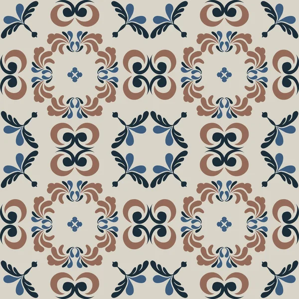 Klasik seramik ve Akdeniz dekoratif tasarımından esinlenilmiş çiçek ve geometrik motiflerle süslenmiş dünyevi, pürüzsüz bir fayans deseni. Duvar kağıdı, tekstil, kumaş, ev dekorasyonu, ambalaj kağıdı, arkaplan, yüzey deseni tasarımı için uygun