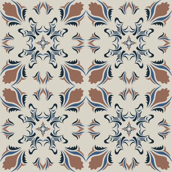 Klasik seramik ve Akdeniz dekoratif tasarımından esinlenilmiş çiçek ve geometrik motiflerle süslenmiş dünyevi, pürüzsüz bir fayans deseni. Duvar kağıdı, tekstil, kumaş, ev dekorasyonu, ambalaj kağıdı, arkaplan, yüzey deseni tasarımı için uygun