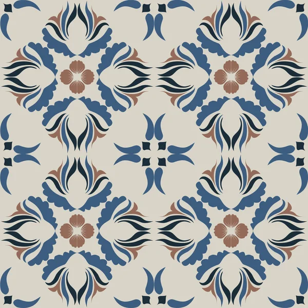 Klasik seramik ve Akdeniz dekoratif tasarımından esinlenilmiş çiçek ve geometrik motiflerle süslenmiş dünyevi, pürüzsüz bir fayans deseni. Duvar kağıdı, tekstil, kumaş, ev dekorasyonu, ambalaj kağıdı, arkaplan, yüzey deseni tasarımı için uygun