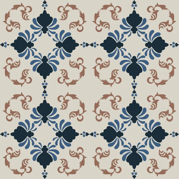 Klasik seramik ve Akdeniz dekoratif tasarımından esinlenilmiş çiçek ve geometrik motiflerle süslenmiş dünyevi, pürüzsüz bir fayans deseni. Duvar kağıdı, tekstil, kumaş, ev dekorasyonu, ambalaj kağıdı, arkaplan, yüzey deseni tasarımı için uygun