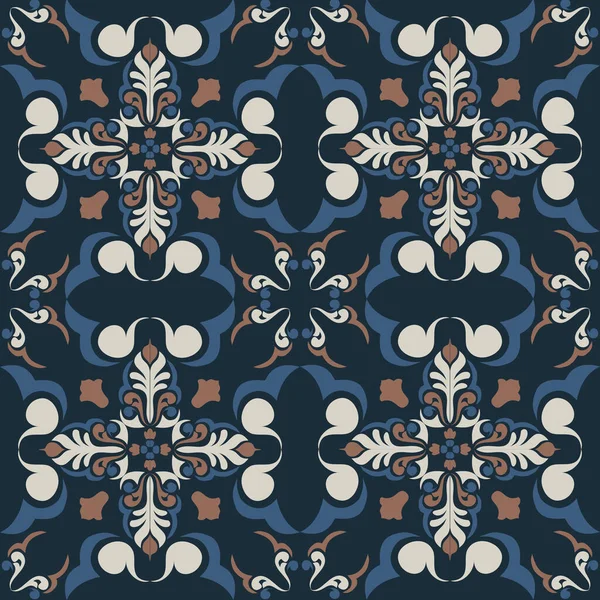 Klasik seramik ve Akdeniz dekoratif tasarımından esinlenilmiş çiçek ve geometrik motiflerle süslenmiş dünyevi, pürüzsüz bir fayans deseni. Duvar kağıdı, tekstil, kumaş, ev dekorasyonu, ambalaj kağıdı, arkaplan, yüzey deseni tasarımı için uygun