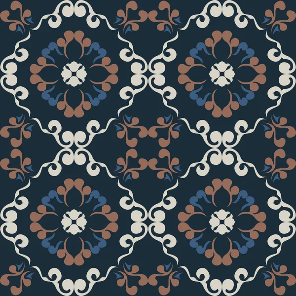 Klasik seramik ve Akdeniz dekoratif tasarımından esinlenilmiş çiçek ve geometrik motiflerle süslenmiş dünyevi, pürüzsüz bir fayans deseni. Duvar kağıdı, tekstil, kumaş, ev dekorasyonu, ambalaj kağıdı, arkaplan, yüzey deseni tasarımı için uygun