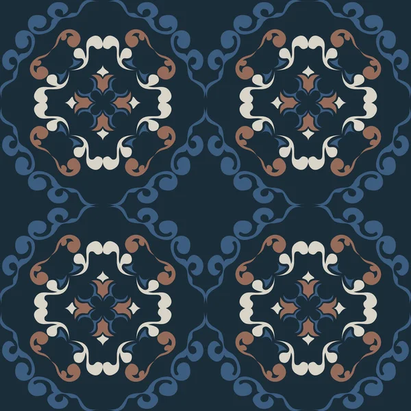 Klasik seramik ve Akdeniz dekoratif tasarımından esinlenilmiş çiçek ve geometrik motiflerle süslenmiş dünyevi, pürüzsüz bir fayans deseni. Duvar kağıdı, tekstil, kumaş, ev dekorasyonu, ambalaj kağıdı, arkaplan, yüzey deseni tasarımı için uygun