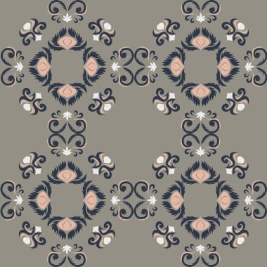 Klasik seramik ve Akdeniz dekoratif tasarımından esinlenilmiş çiçek ve geometrik motifler içeren Topraksı Tonu olmayan süsleme deseni. Duvar kağıdı, tekstil, kumaş, dekor, ambalaj kağıdı ve arka plan için uygundur.