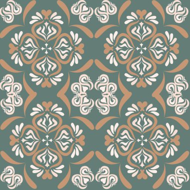 Klasik seramik ve Akdeniz dekoratif tasarımından esinlenilmiş çiçek ve geometrik motifler içeren Yeşil Tonu olmayan süsleme deseni. Duvar kağıdı, tekstil, kumaş, ev dekorasyonu, ambalaj kağıdı, arka plan, yüzey deseni için uygun 