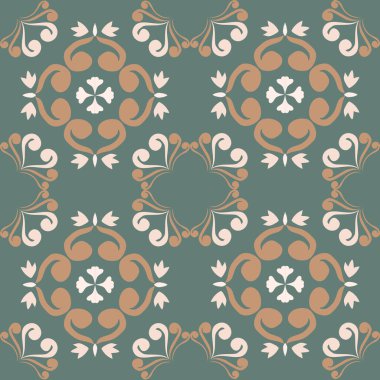 Klasik seramik ve Akdeniz dekoratif tasarımından esinlenilmiş çiçek ve geometrik motifler içeren Yeşil Tonu olmayan süsleme deseni. Duvar kağıdı, tekstil, kumaş, ev dekorasyonu, ambalaj kağıdı, arka plan, yüzey deseni için uygun 