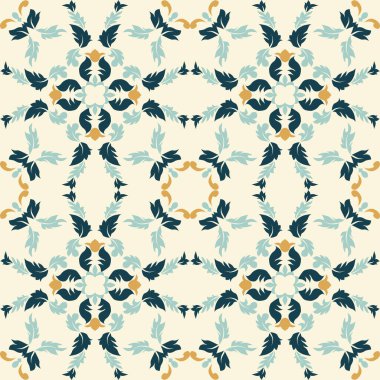 Klasik seramik ve Akdeniz dekoratif tasarımından esinlenilmiş çiçek ve geometrik motifler içeren bir Pastel Tone kusursuz süsleme deseni. Duvar kağıdı, tekstil, kumaş, ev dekorasyonu, ambalaj kağıdı, arka plan, yüzey deseni için uygun