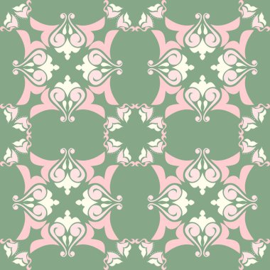 Klasik seramik ve Akdeniz dekoratif tasarımından esinlenilmiş çiçek ve geometrik motiflerle süslenmiş, Yeşil-Pinkl Tone pürüzsüz süsleme deseni. Duvar kağıdı, tekstil, kumaş, dekor, ambalaj kağıdı ve arka plan için uygundur.