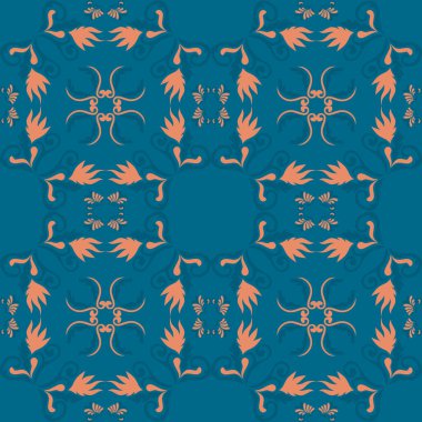 Klasik seramik ve Akdeniz dekoratif tasarımından esinlenilmiş çiçekli ve geometrik motiflerin yer aldığı Mavi Terracotta Tone Terassız süsleme deseni. Duvar kağıdı, tekstil, kumaş, dekor, ambalaj kağıdı ve arka plan için uygundur.