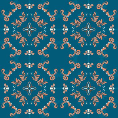 Klasik seramik ve Akdeniz dekoratif tasarımından esinlenilmiş çiçekli ve geometrik motiflerin yer aldığı Mavi Terracotta Tone Terassız süsleme deseni. Duvar kağıdı, tekstil, kumaş, dekor, ambalaj kağıdı ve arka plan için uygundur.