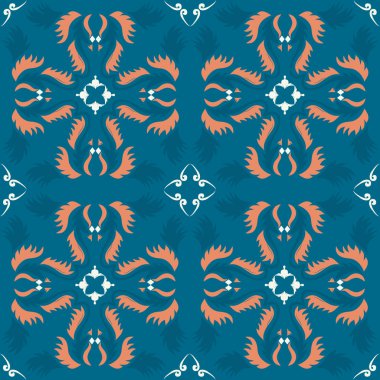 Klasik seramik ve Akdeniz dekoratif tasarımından esinlenilmiş çiçekli ve geometrik motiflerin yer aldığı Mavi Terracotta Tone Terassız süsleme deseni. Duvar kağıdı, tekstil, kumaş, dekor, ambalaj kağıdı ve arka plan için uygundur.