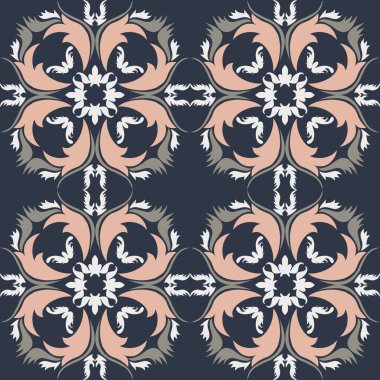 Klasik seramik ve Akdeniz dekoratif tasarımından esinlenilmiş çiçekli ve geometrik motiflerin yer aldığı Mavi Terracotta Tone Terassız süsleme deseni. Duvar kağıdı, tekstil, kumaş, dekor, ambalaj kağıdı ve arka plan için uygundur.