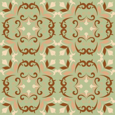 Klasik seramik ve Akdeniz dekoratif tasarımından esinlenilmiş çiçek ve geometrik motifler içeren Yeşil-Kahverengi Tonu olmayan süsleme deseni. Duvar kağıdı, tekstil, kumaş, dekor, ambalaj kağıdı ve arka plan için uygundur.
