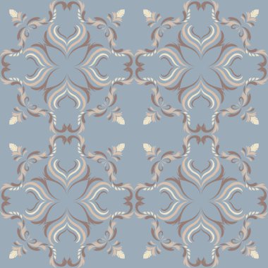 Renkli seramik ve Akdeniz dekoratif tasarımından esinlenilmiş çiçekli ve geometrik motiflerle süslenmiş açık mavi tonlu kusursuz bir fayans deseni. Duvar kağıdı, tekstil, kumaş, dekor, ambalaj kağıdı ve arka plan için uygundur.