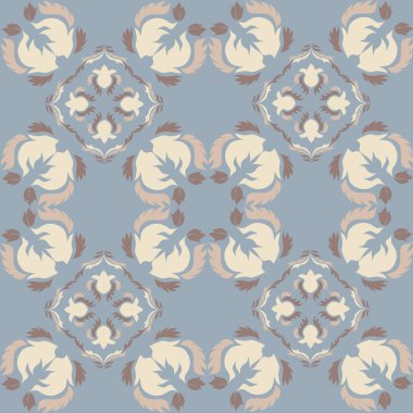 Renkli seramik ve Akdeniz dekoratif tasarımından esinlenilmiş çiçekli ve geometrik motiflerle süslenmiş açık mavi tonlu kusursuz bir fayans deseni. Duvar kağıdı, tekstil, kumaş, dekor, ambalaj kağıdı ve arka plan için uygundur.