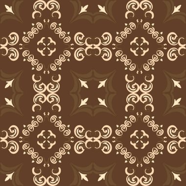 Kaliteli seramik ve Akdeniz dekoratif tasarımından esinlenmiş çiçek ve geometrik motifler içeren koyu kahverengi tonsuz süslemesiz bir fayans deseni. Duvar kağıdı, tekstil, kumaş, dekor, ambalaj kağıdı ve arka plan için uygundur.