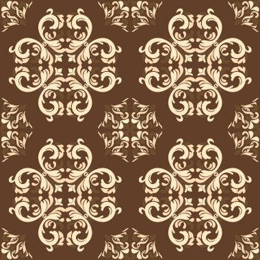 Kaliteli seramik ve Akdeniz dekoratif tasarımından esinlenmiş çiçek ve geometrik motifler içeren koyu kahverengi tonsuz süslemesiz bir fayans deseni. Duvar kağıdı, tekstil, kumaş, dekor, ambalaj kağıdı ve arka plan için uygundur.