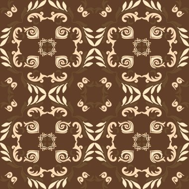 Kaliteli seramik ve Akdeniz dekoratif tasarımından esinlenmiş çiçek ve geometrik motifler içeren koyu kahverengi tonsuz süslemesiz bir fayans deseni. Duvar kağıdı, tekstil, kumaş, dekor, ambalaj kağıdı ve arka plan için uygundur.