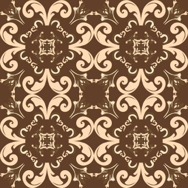 Kaliteli seramik ve Akdeniz dekoratif tasarımından esinlenmiş çiçek ve geometrik motifler içeren koyu kahverengi tonsuz süslemesiz bir fayans deseni. Duvar kağıdı, tekstil, kumaş, dekor, ambalaj kağıdı ve arka plan için uygundur.