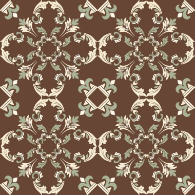 Kaliteli seramik ve Akdeniz dekoratif tasarımından esinlenmiş çiçek ve geometrik motifler içeren koyu kahverengi tonsuz süslemesiz bir fayans deseni. Duvar kağıdı, tekstil, kumaş, dekor, ambalaj kağıdı ve arka plan için uygundur.