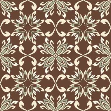 Kaliteli seramik ve Akdeniz dekoratif tasarımından esinlenmiş çiçek ve geometrik motifler içeren koyu kahverengi tonsuz süslemesiz bir fayans deseni. Duvar kağıdı, tekstil, kumaş, dekor, ambalaj kağıdı ve arka plan için uygundur.