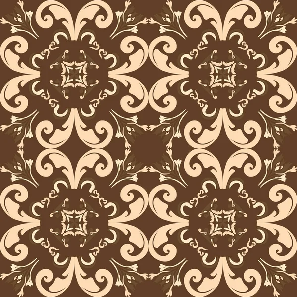 Kaliteli seramik ve Akdeniz dekoratif tasarımından esinlenmiş çiçek ve geometrik motifler içeren koyu kahverengi tonsuz süslemesiz bir fayans deseni. Duvar kağıdı, tekstil, kumaş, dekor, ambalaj kağıdı ve arka plan için uygundur.