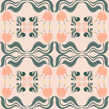 Geçmişe dönük şekilleri, modaya uygun renk paletini ve çok yönlü bir düzenini barındıran Topraksı Ton Temel çiçek vektör geometrik deseni. Dijital sanat, poster tasarımı ve tekstil baskısı için harika.