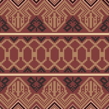 Topraksı Tone ve Retro Style Floral. El yapımı dokuma motifleri olan etnik kökenli, pürüzsüz pikseller. Halk tarzı tekstil baskıları, dijital kumaşlar ve kültürel tasarım projeleri için mükemmel.