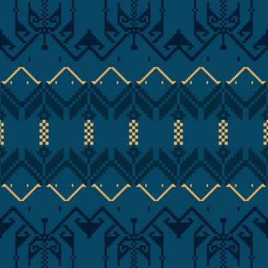 Mavi Ton ve Retro Style Floral. El yapımı dokuma motifleri olan etnik kökenli, pürüzsüz pikseller. Halk tarzı tekstil baskıları, dijital kumaşlar ve kültürel tasarım projeleri için mükemmel..