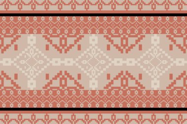 Bir Terracotta Tone ve Retro-Style Çiçek, Etnik-İlham Veren Dikensiz Pikseli Örgü Motifleri. Halk tarzı tekstil baskıları, dijital kumaşlar ve kültürel tasarım projeleri için mükemmel..