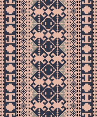 Bir Earthy Tone ve Retro Style, el yapımı dokuma motifleri olan etnik kökenli dikişsiz piksel deseni. Halk tarzı tekstil baskıları, dijital kumaşlar ve kültürel tasarım projeleri için mükemmel..