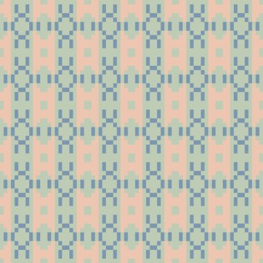 A Light-Pastel Tone and Retro-Style Floral, Ethnic-Inspired Seamless Pixel Pattern with Handcrafted Weaving Motifs. Perfect for folk-style textile prints, digital fabrics, and cultural design projects.