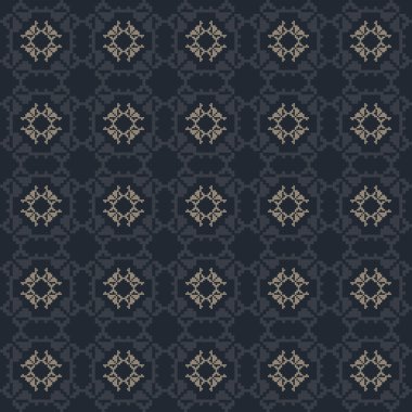 Derin Mavi Ton ve Retro Style. El yapımı dokuma motifleri olan etnik kökenli, pürüzsüz pikseller. Halk tarzı tekstil baskıları, dijital kumaşlar ve kültürel tasarım projeleri için mükemmel..