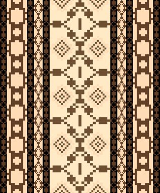 Bir Earthy Tone ve Retro-Style Çiçek, Etnik-İlham Veren Dikensiz Pikselli Örme Motifli. Halk tarzı tekstil baskıları ve dijital kumaşlar için mükemmel.