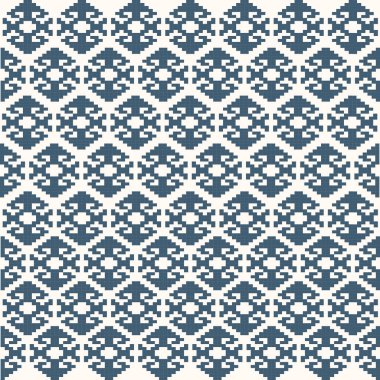 Bir Deep Blue Tone ve Retro-Style Çiçek, Etnik-İlham Veren Dikensiz Piksel Desenli El yapımı Dokuma Motifleri. Halk tarzı tekstil baskıları ve dijital kumaşlar için mükemmel.