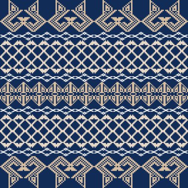 Mavi Ton ve Retro Style, Etnik kökenli, el yapımı dokuma motifleri olan dikişsiz piksel deseni. Halk tarzı tekstil baskıları, dijital kumaşlar ve kültürel tasarım projeleri için mükemmel.