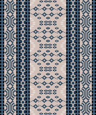 Bir Earthy Tone ve Retro Style, el yapımı dokuma motifleri olan etnik kökenli dikişsiz piksel deseni. Halk tarzı tekstil baskıları, dijital kumaşlar ve kültürel tasarım projeleri için mükemmel.