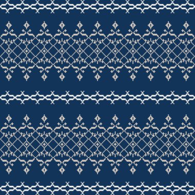 Deep Blue Tone ve Retro-Style, Etnik kökenli Pikselsiz Örgü Örme Motifleri. Halk tarzı tekstil baskıları, dijital kumaşlar ve kültürel tasarım projeleri için mükemmel..