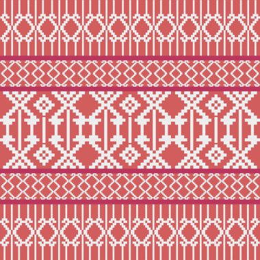 Kırmızı-Terracotta Tone ve Retro-Style, Etnik-İlham Verici Pikselsiz Örgü Motifleri. Halk tarzı tekstil baskıları, dijital kumaşlar ve kültürel tasarım projeleri için mükemmel..