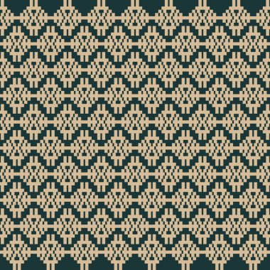 Derin, Toprak Ton ve Retro Style. Bu Etnik-esinlenilmiş pürüzsüz piksel desen el yapımı dokuma motifleri içeriyor. Halk tarzı tekstil baskıları ve dijital kumaşlar için mükemmel.