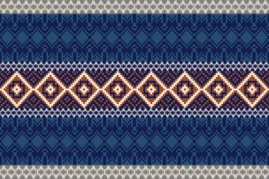 Deep, Blue Tone ve Retro Style. Bu Etnik-esinlenilmiş pürüzsüz piksel desen el yapımı dokuma motifleri içeriyor. Halk tarzı tekstil baskıları ve dijital kumaşlar için mükemmel.