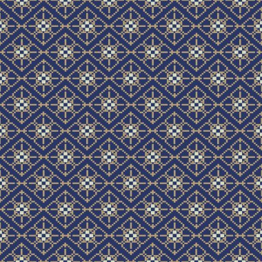 Deep, Blue Tone ve Retro Style. Bu Etnik-esinlenilmiş pürüzsüz piksel desen el yapımı dokuma motifleri içeriyor. Halk tarzı tekstil baskıları ve dijital kumaşlar için mükemmel.