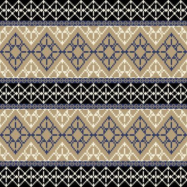 Derin, Toprak Ton ve Retro Style. Bu Etnik-esinlenilmiş pürüzsüz piksel desen el yapımı dokuma motifleri içeriyor. Halk tarzı tekstil baskıları ve dijital kumaşlar için mükemmel.