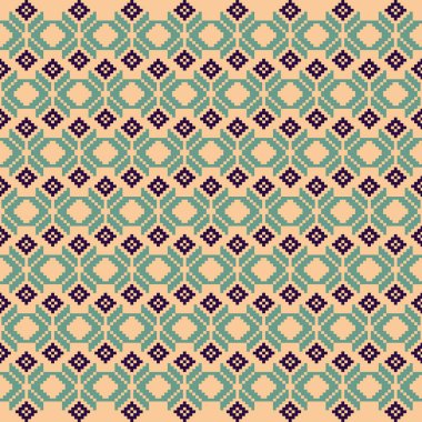 Derin, Toprak Ton ve Retro Style. Bu Etnik-esinlenilmiş pürüzsüz piksel desen el yapımı dokuma motifleri içeriyor. Halk tarzı tekstil baskıları ve dijital kumaşlar için mükemmel.